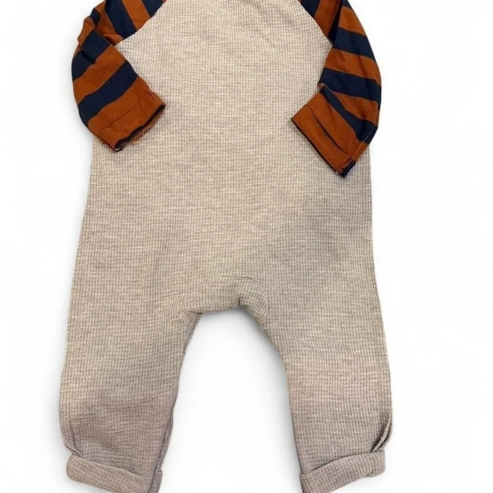 Mud Pie Baby Boys Pumpkin Waffle Knit Romper Gray Orange Striped Fall 3-6 Months